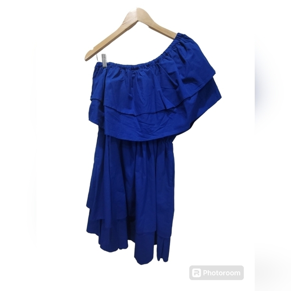 NWT BOUTIQUE Off One Shoulder Royal Blue Midi Ruffled Dress 100 Cotton - Picture 2 of 5